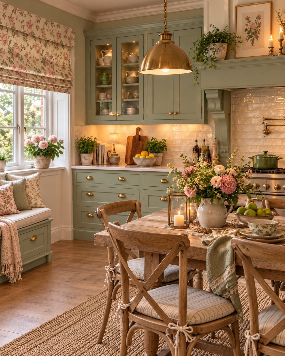 Floral roman shade curtains hanging over a window in a sage green cottage kitchen.