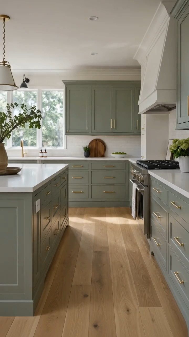 Sage green shaker cabinets with white countertops and light wood floors in a kitchen.