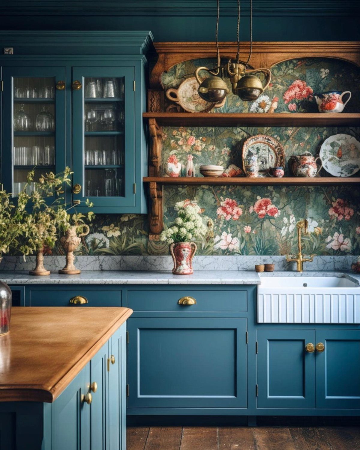 Floral vintage wallpaper feature wall in a kitchen with blue cabinets and farmhouse sink