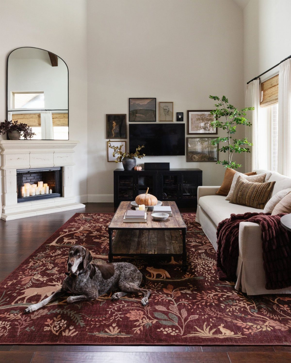 Burgundy floral area rug in a living room with a white sofa and fireplace.