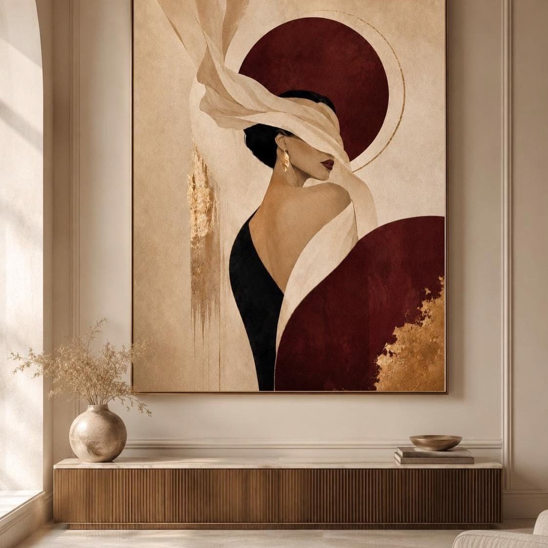 Large burgundy and gold abstract painting of a woman above a wooden console.