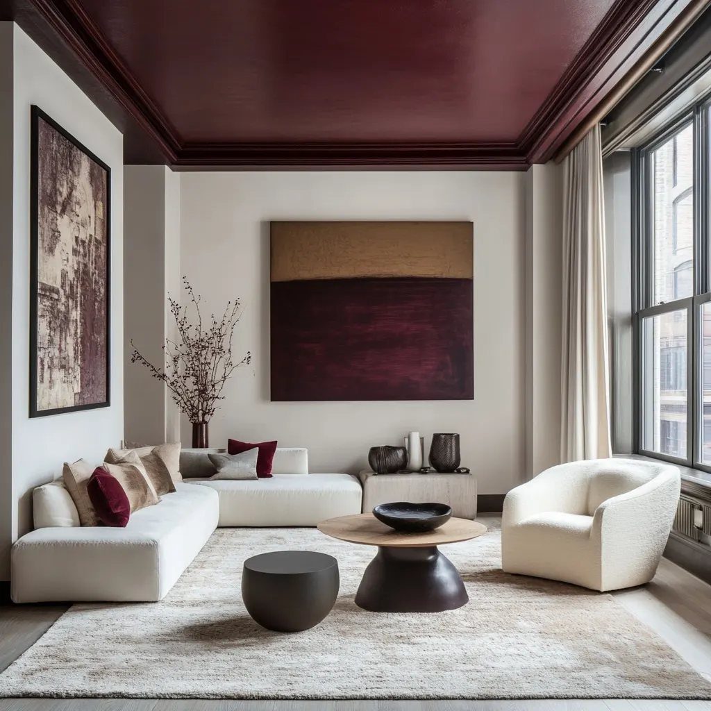 Burgundy painted ceiling in a modern living room with white furniture and abstract art.