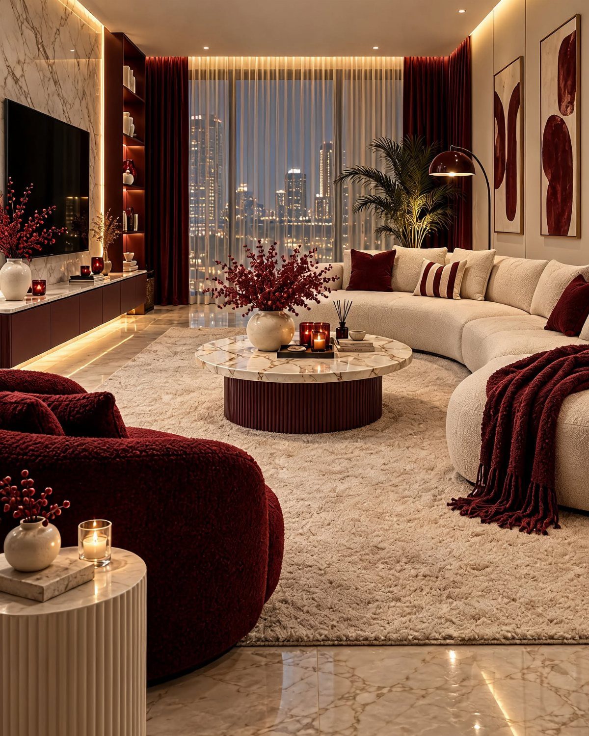 Luxurious living room with deep burgundy curtains framing a city skyline view at night.