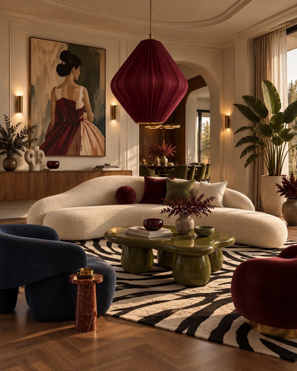 Luxurious living room with burgundy accents, white curved sofa, and zebra-print rug.