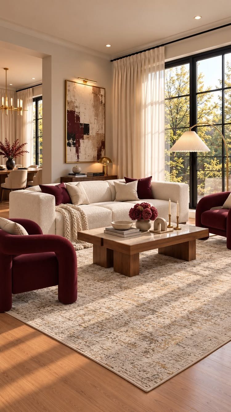 Modern living room with burgundy velvet armchairs, white sofa, and wooden coffee table.