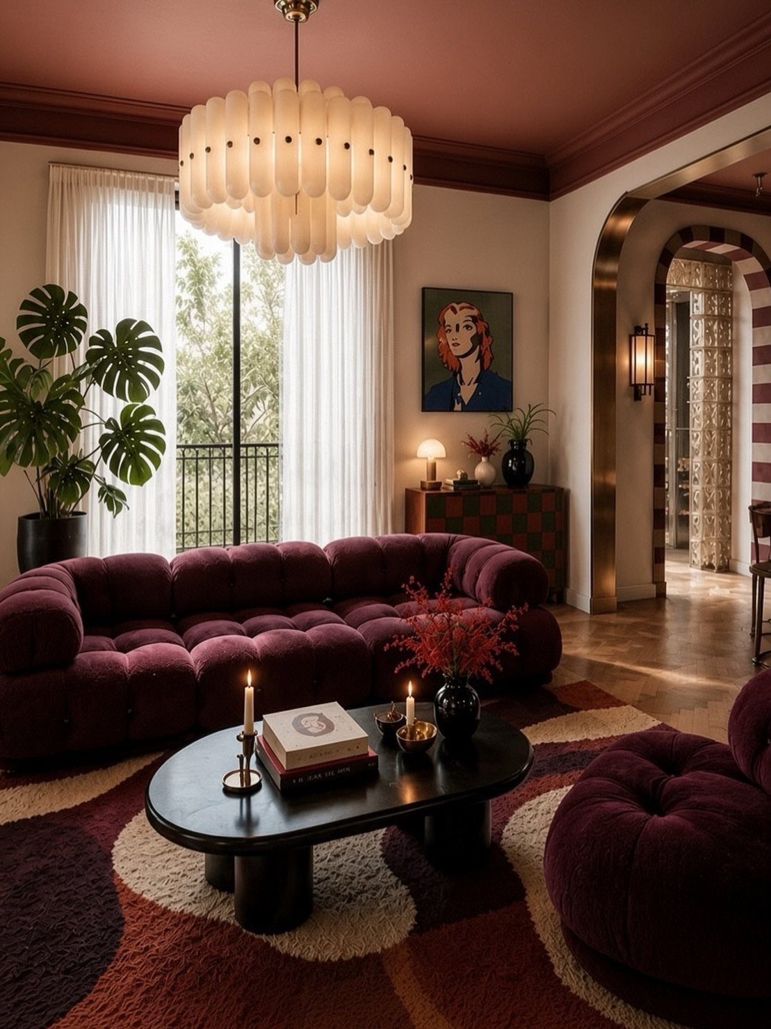 Burgundy velvet tufted sofa in a living room with a matching burgundy ceiling.