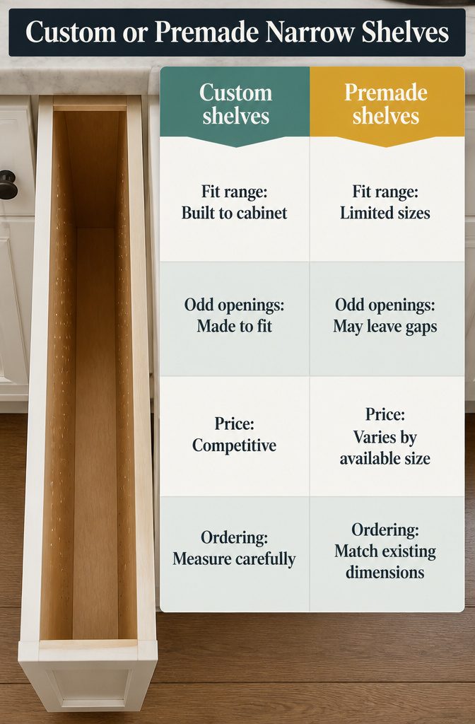 Custom and premade narrow shelf comparison graphic for kitchen cabinets