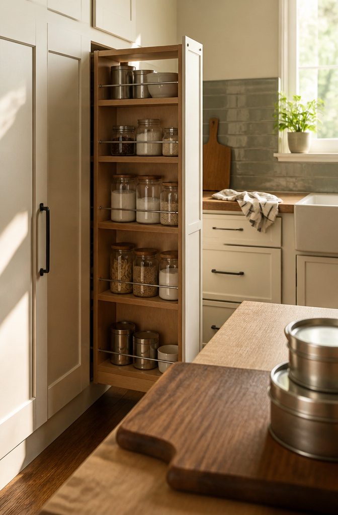 Pale wood shelves fitted inside an older cabinet on metal runners