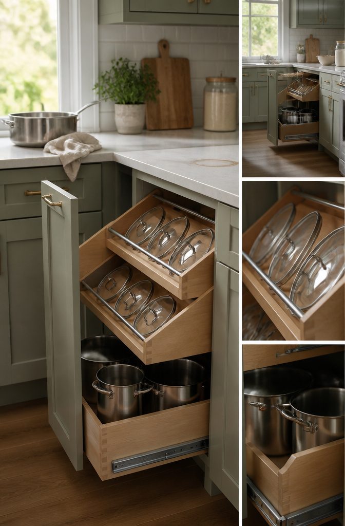 Narrow kitchen cabinet fitted with a pull-out organizer for stored items