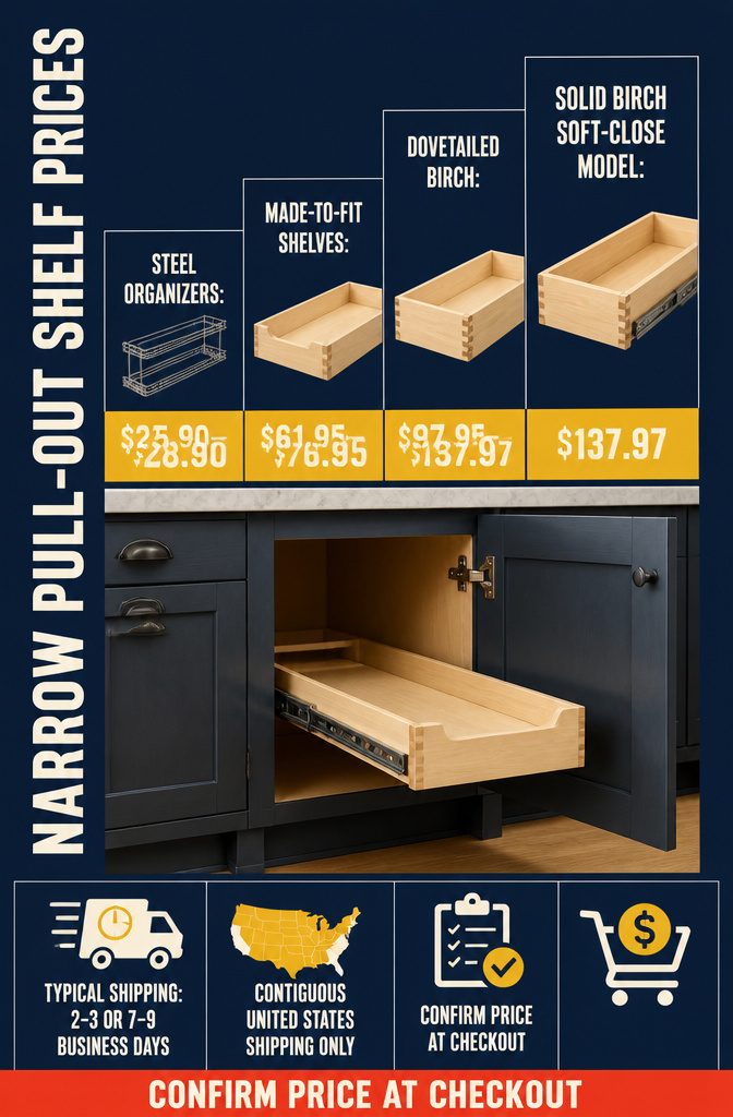 Narrow pull-out shelf price graphic listing steel organizers and made-to-fit shelves
