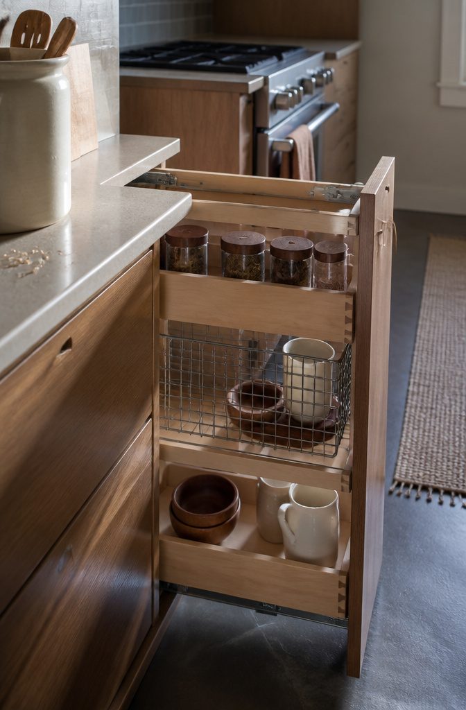 Birch plywood shelves beside an open steel basket with concealed slides