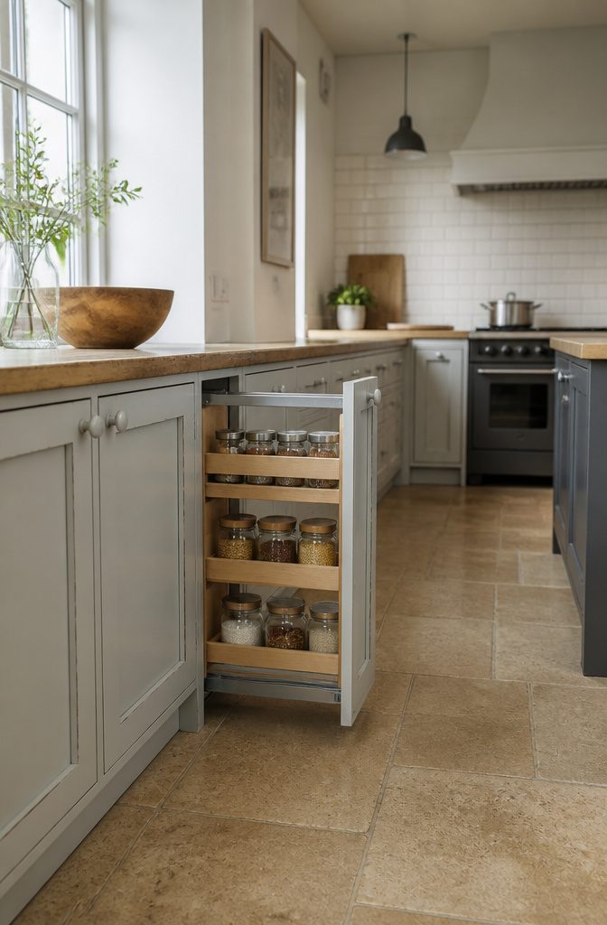 Kitchen cabinet pull-out shelf extended to bring stored items forward