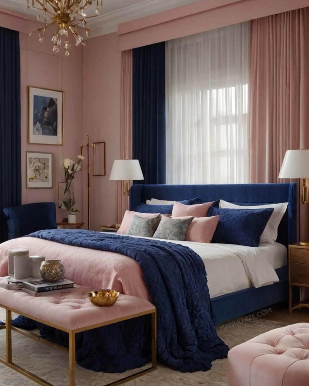 Navy blue and blush pink curtains in a bedroom with matching bedding.