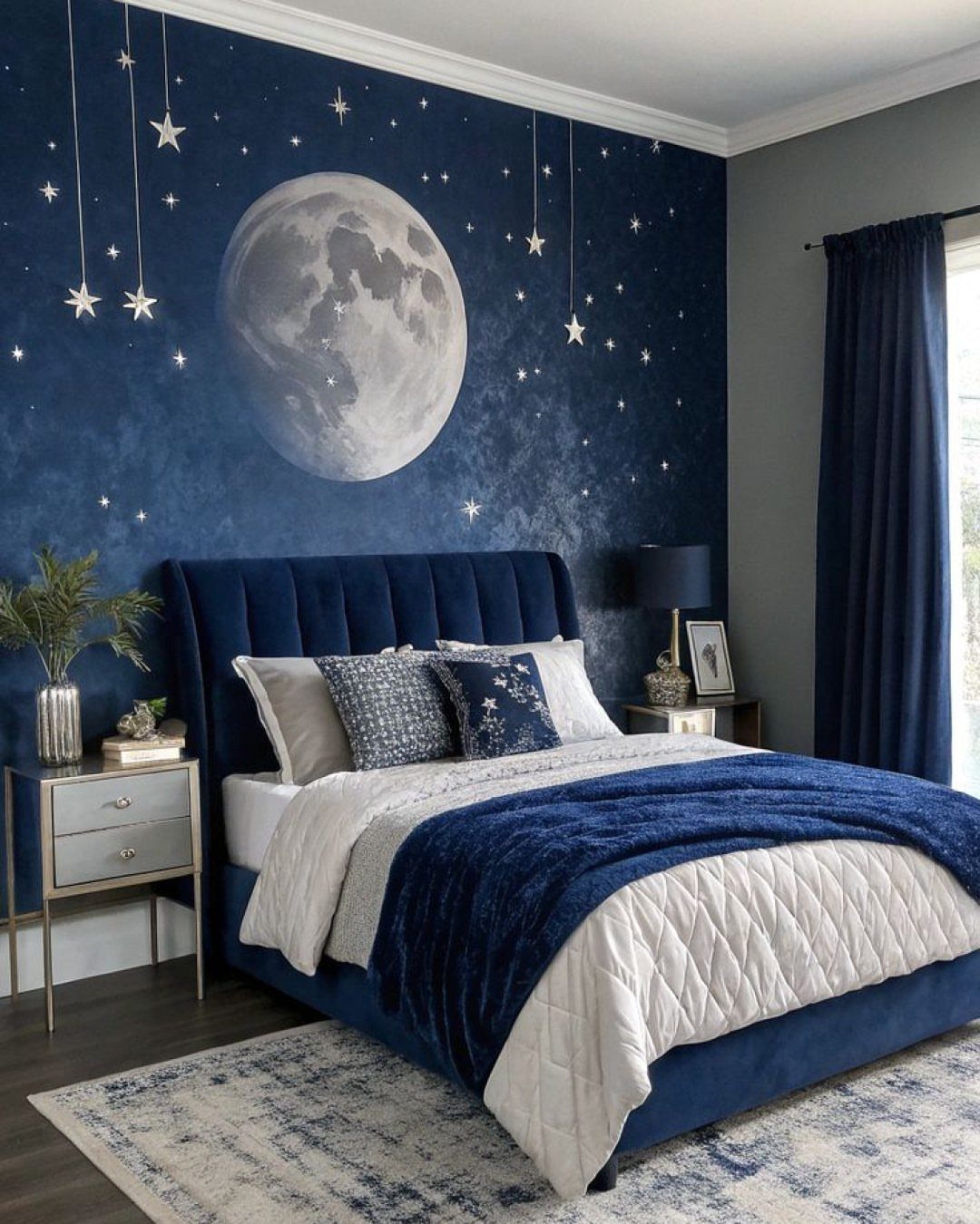 Navy blue curtains and bedding in a bedroom with a moon mural wall.