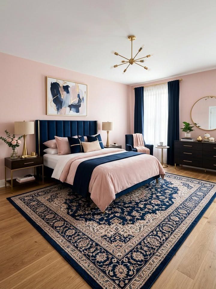 Navy blue curtains and a large navy patterned rug in a pink bedroom.