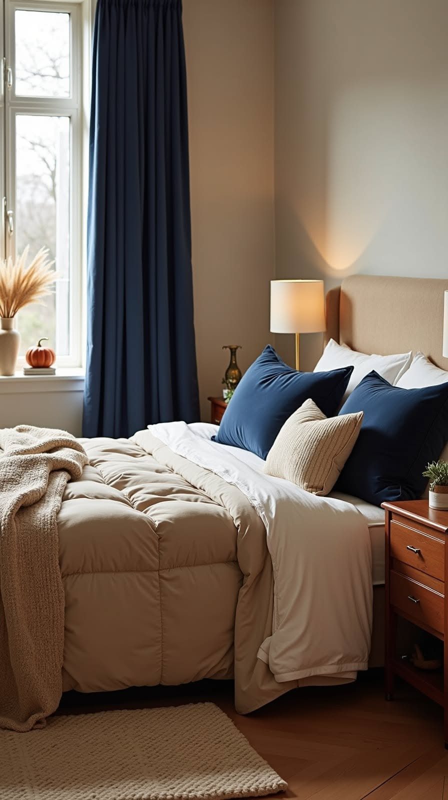Navy blue curtains hanging against cream walls in a cozy, neutral-toned bedroom.