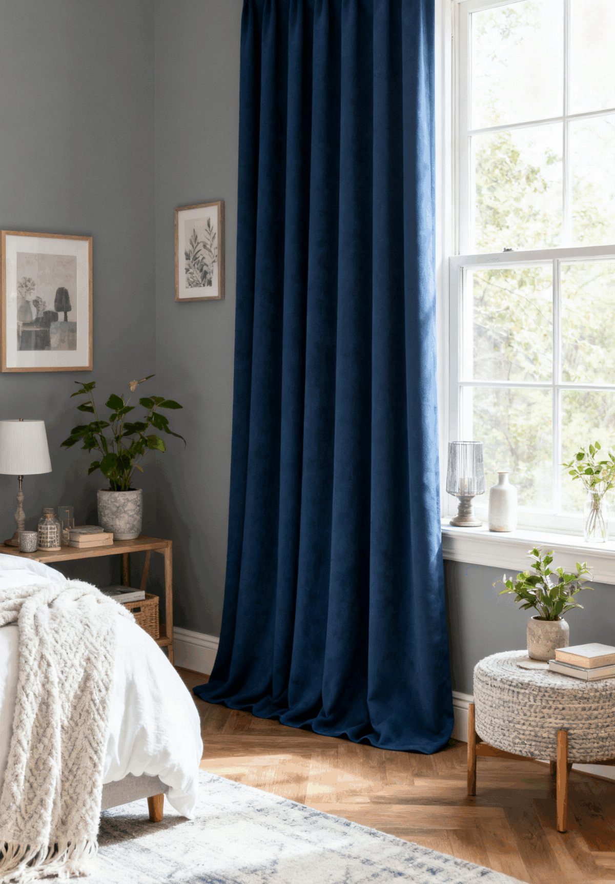 Navy blue velvet curtains hanging against a grey wall in a bright bedroom