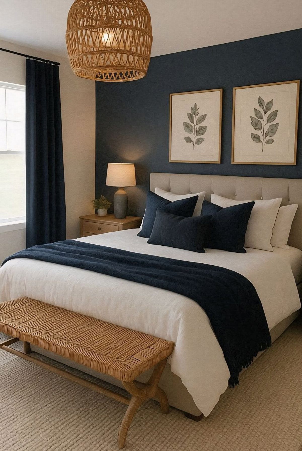 Navy blue curtains and accent wall in a bedroom with light wood furniture.