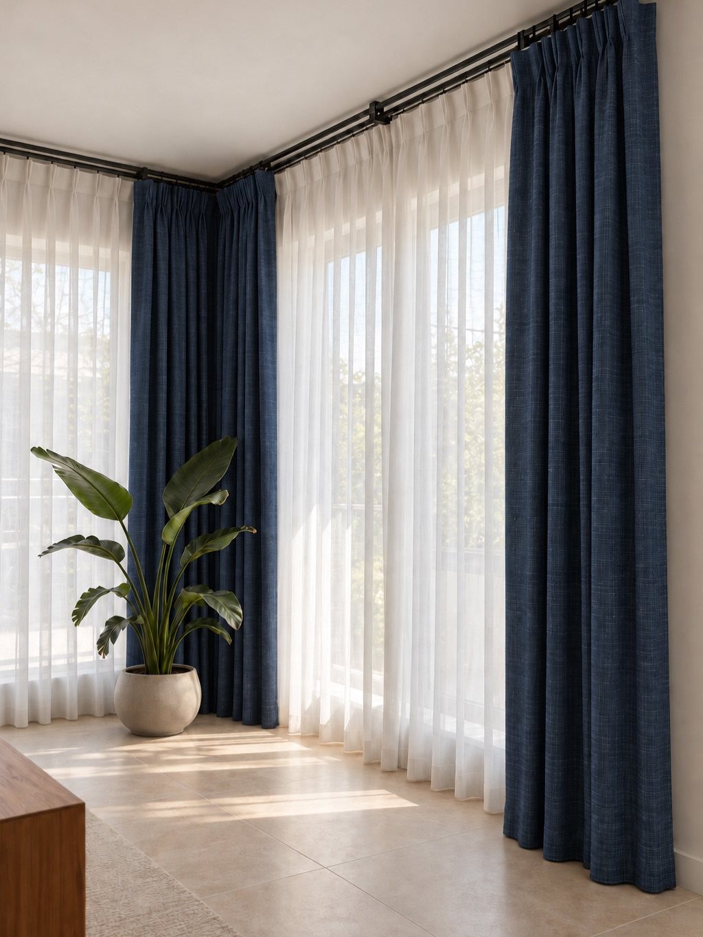 Navy blue floor-length curtains and white sheers in a bright room with a plant.