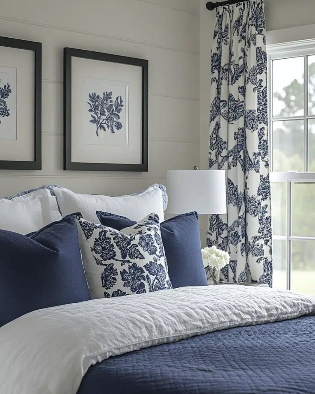 Navy blue floral patterned curtains and matching bedding in a bright white bedroom.