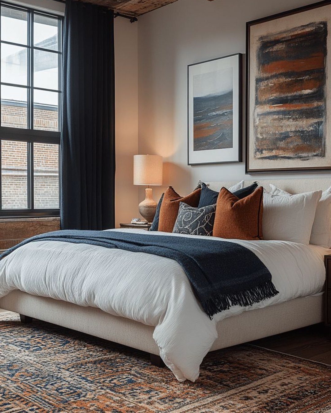 Bedroom with navy blue curtains, white bedding, and rust-colored accent pillows and rug.