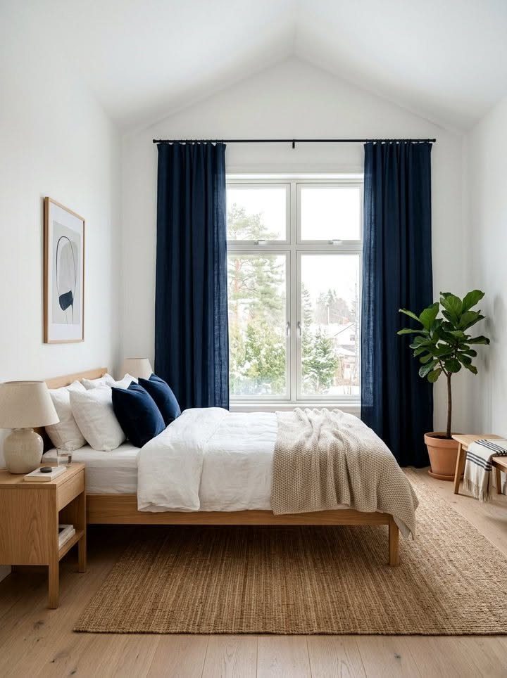 Navy blue curtains in a bright Scandinavian bedroom with light wood furniture and white bedding.