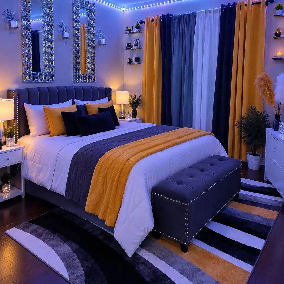 Bedroom with navy blue and yellow curtains, matching bedding, and a tufted bench.