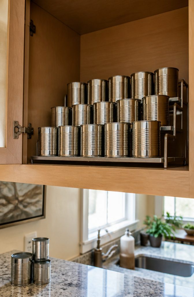 Stepped metal can organizer filled with tins inside an open kitchen cabinet