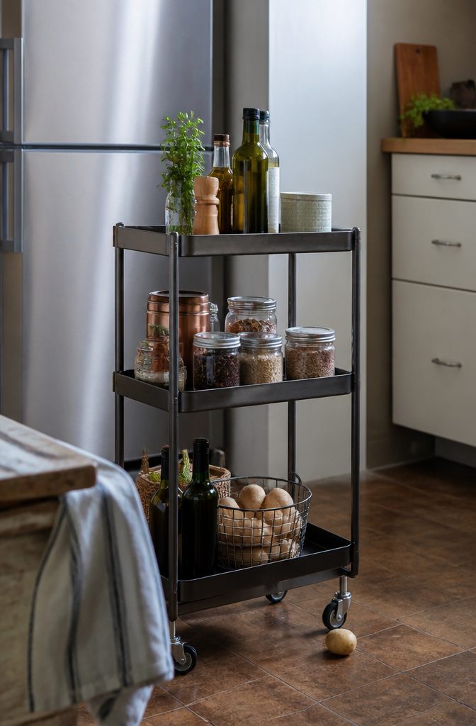 Three-tier rolling metal cart beside a kitchen counter with pantry goods