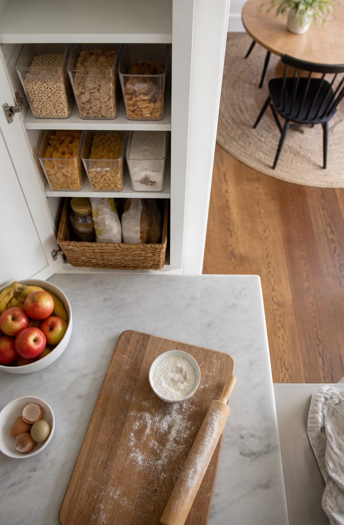 Kitchen shelves with clear storage bins and baskets holding groceries