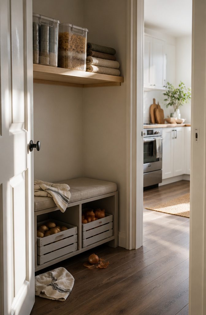Closet shelf with clear food bins above a storage bench holding produce crates
