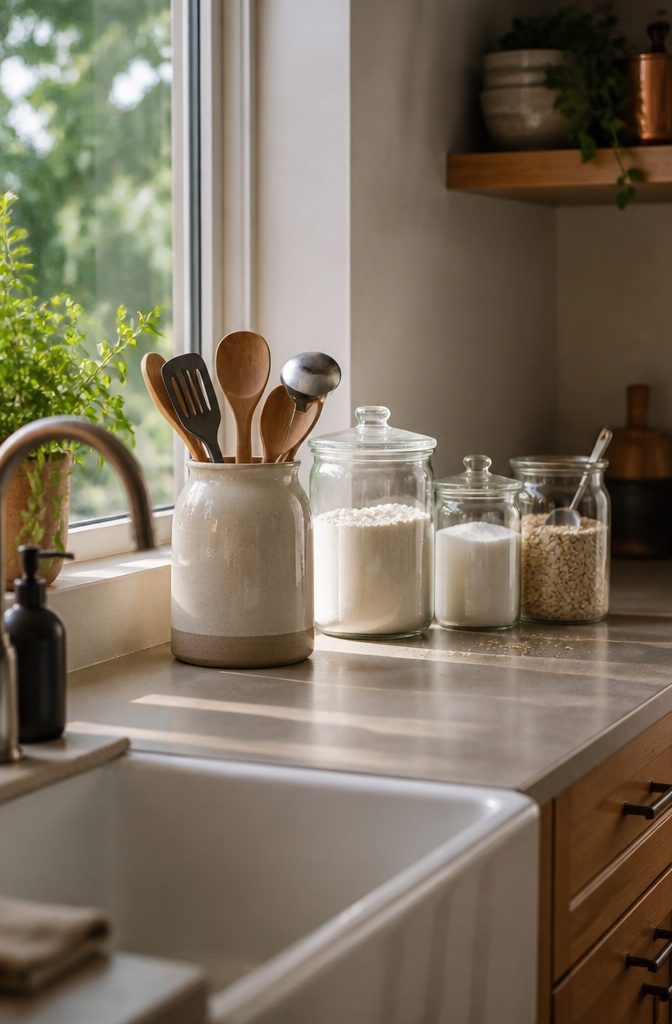 Kitchen counter with ceramic utensil crock and labeled food canisters