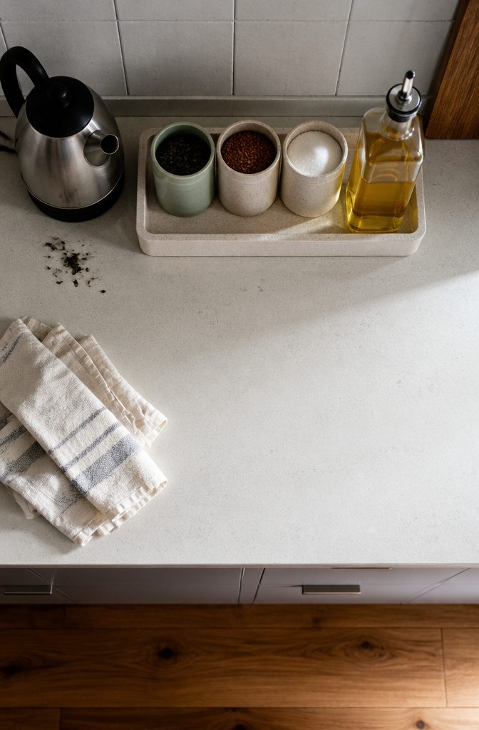 Countertop tray with canisters and an oil bottle beside a kettle