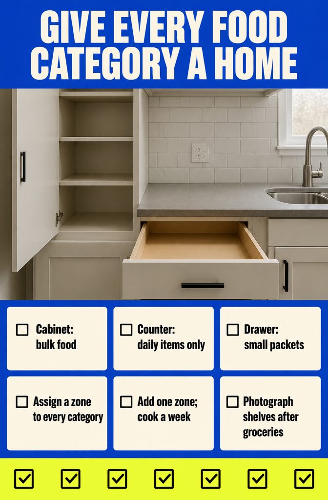 Kitchen storage zones arranged for groceries across shelves counters and drawers