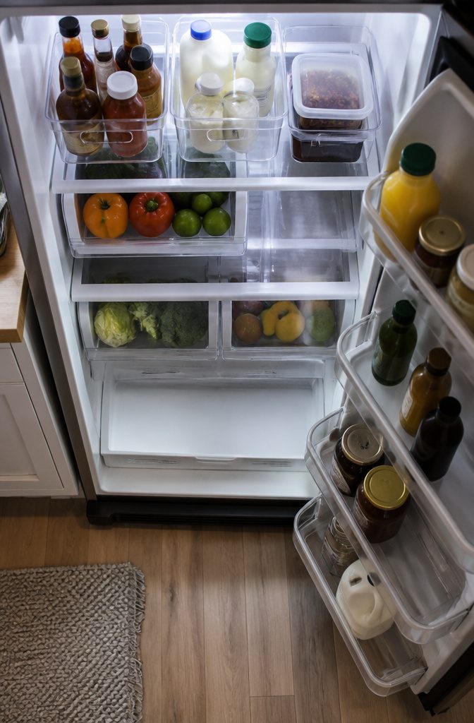 Refrigerator shelves with clear bins holding sauces dairy and leftovers