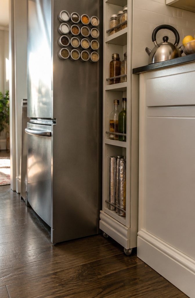 Refrigerator with magnetic spice tins and narrow rolling storage tower beside it