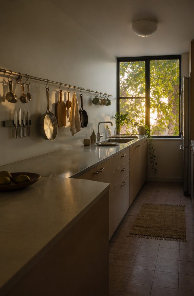 Kitchen wall rail with hanging pans mugs and cooking utensils