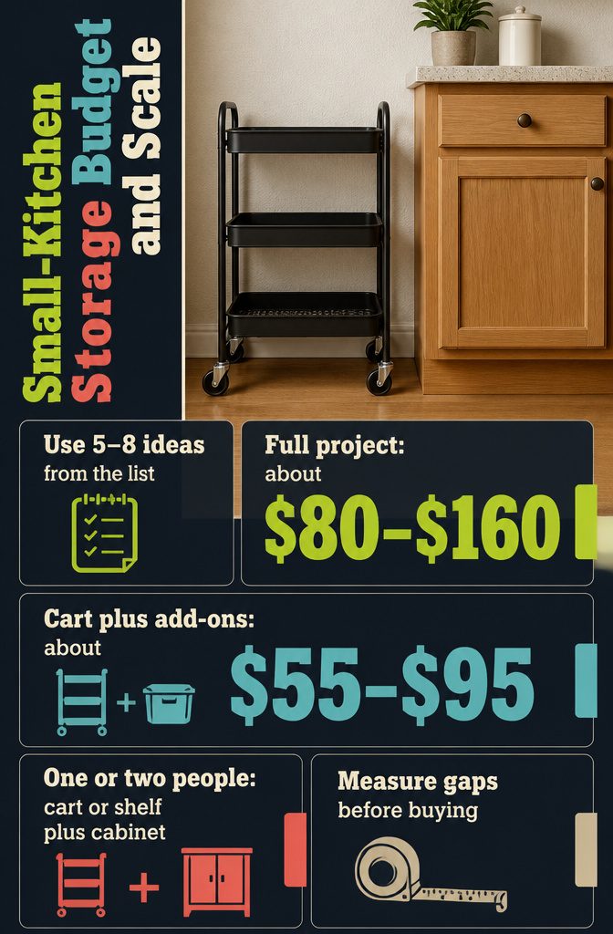 Small kitchen storage infographic with a cart cabinet and budget details