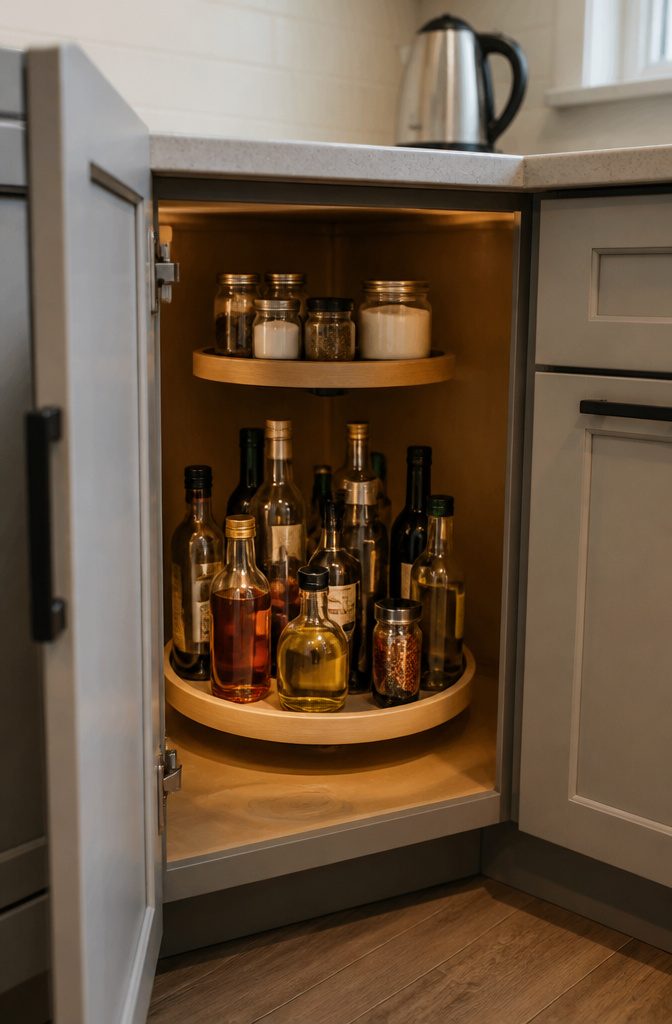 Lazy Susan turntable with oil and sauce bottles inside a cabinet