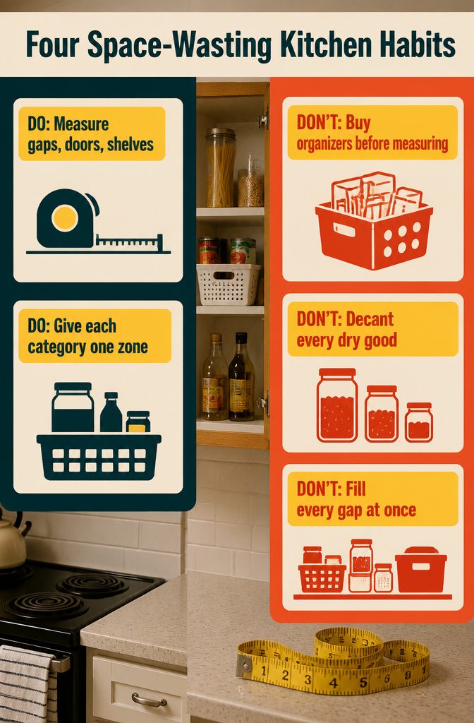 Kitchen storage infographic listing four habits that waste space