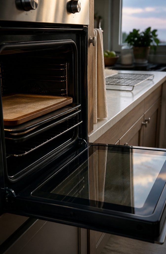 Open oven holding a wooden cutting board and stacked baking sheets