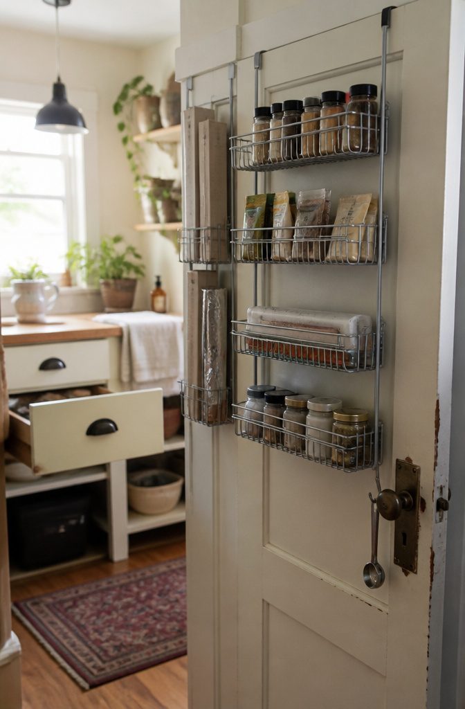 Wire rack hanging over a kitchen door with spices packets and wraps