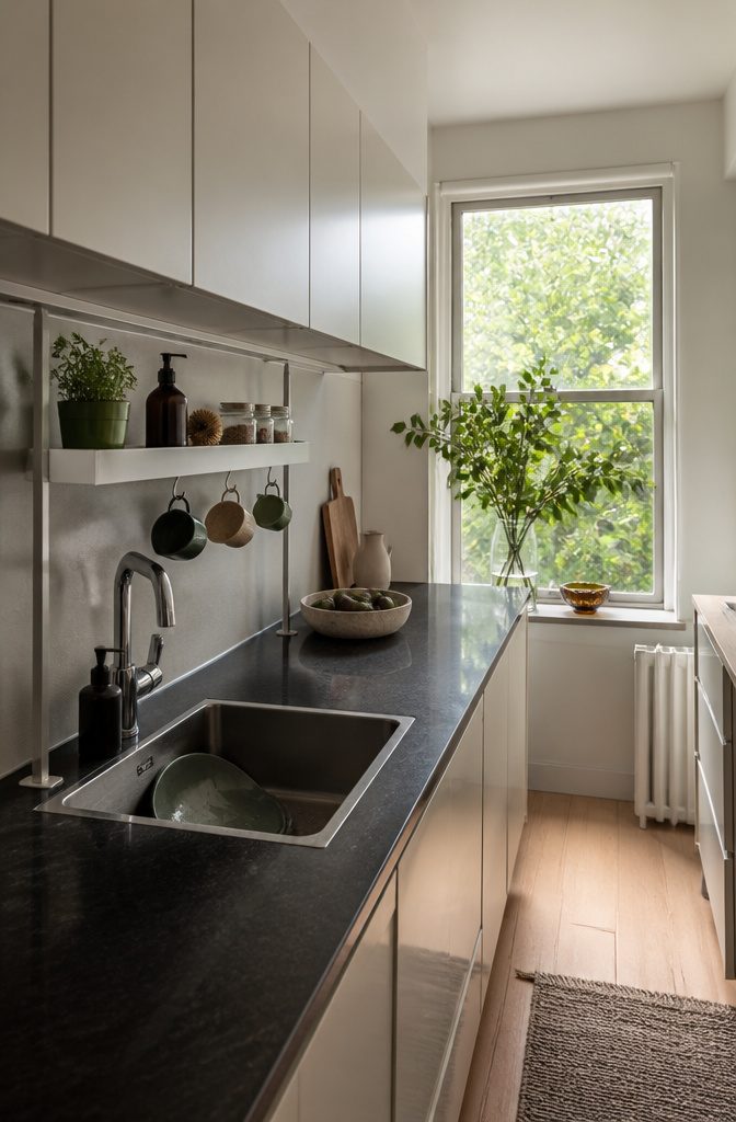 Shelf above a kitchen sink holding jars and a potted herb
