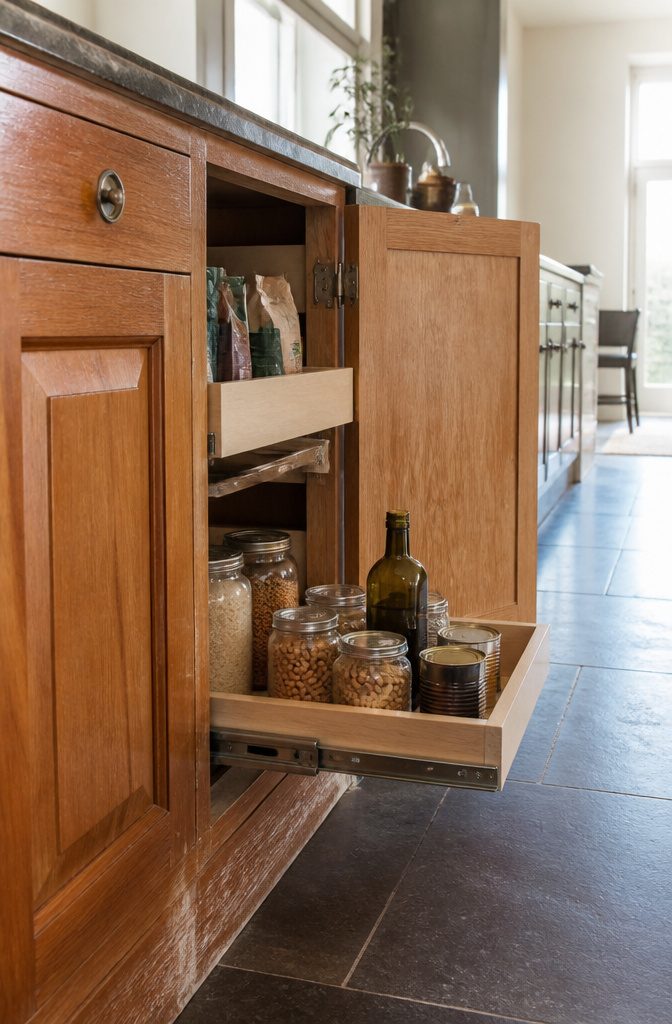 Pull-out cabinet shelf holding cans rice and an olive oil bottle