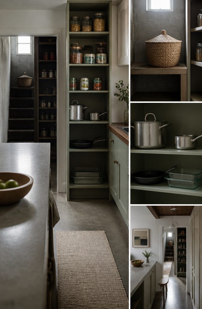 Kitchen cabinets with a small collection of pots pans and dishes