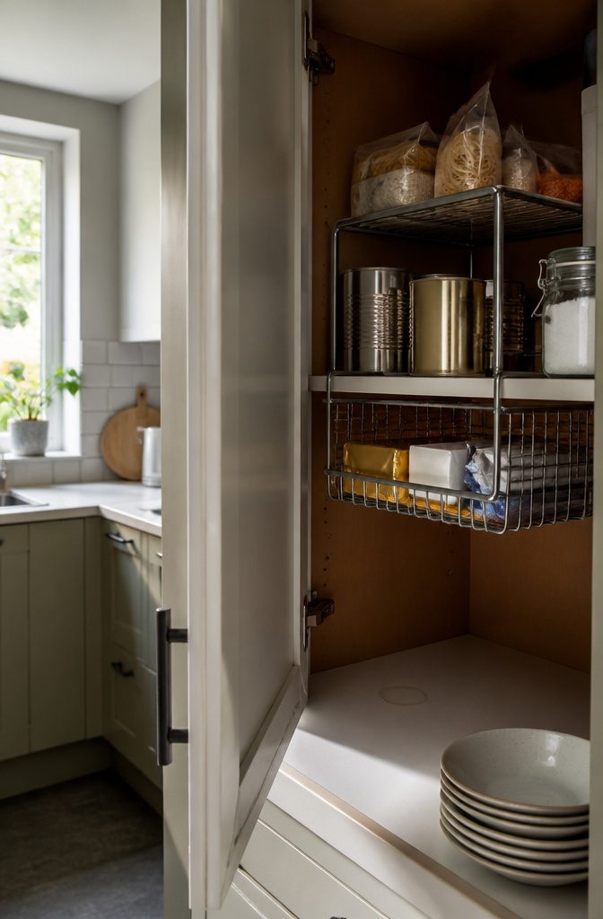 Open kitchen cabinet with metal shelf riser and clipped wire basket