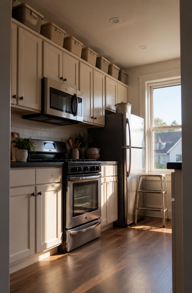 Matching storage bins arranged above kitchen cabinets