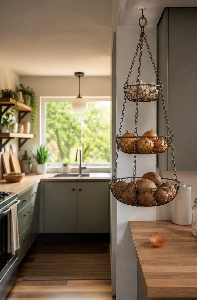 Three-tier wire produce basket hanging beside a kitchen counter
