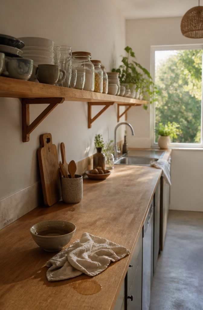 Kitchen wall shelf with glass food jars bowls mugs and cookbooks