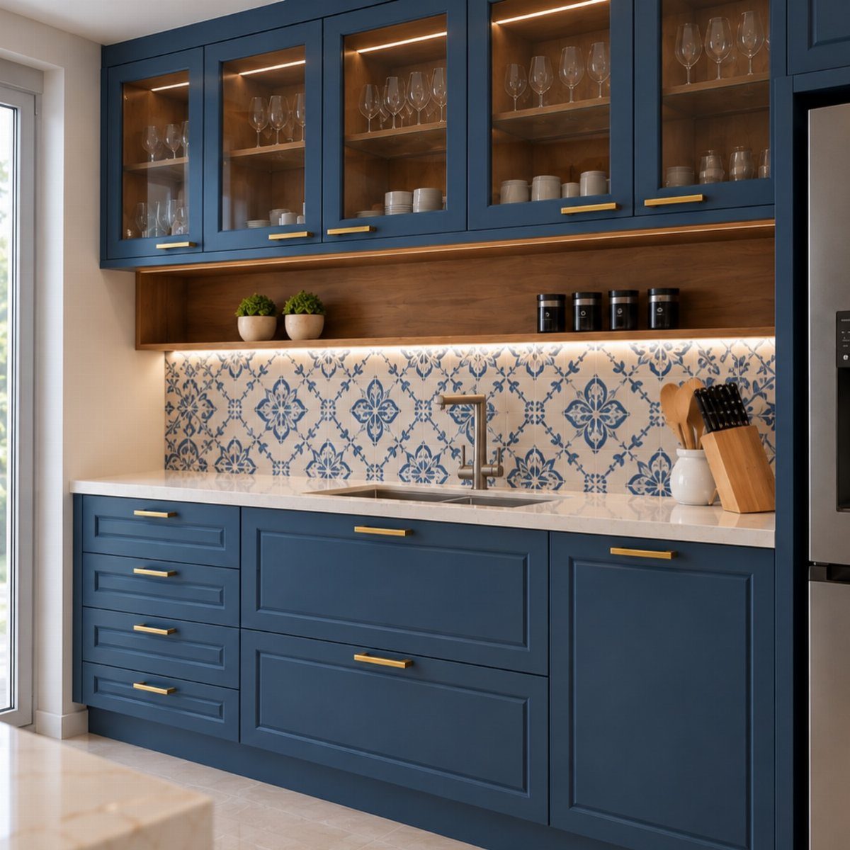 Blue shaker kitchen cabinets with gold hardware and patterned tile backsplash.